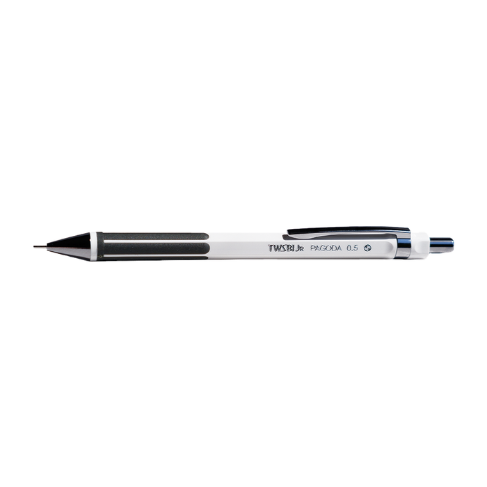 Twsbi Jr. Pagoda white 0.5mm mechanical pencil with a sleek design and textured grip, ideal for precise writing and drawing.