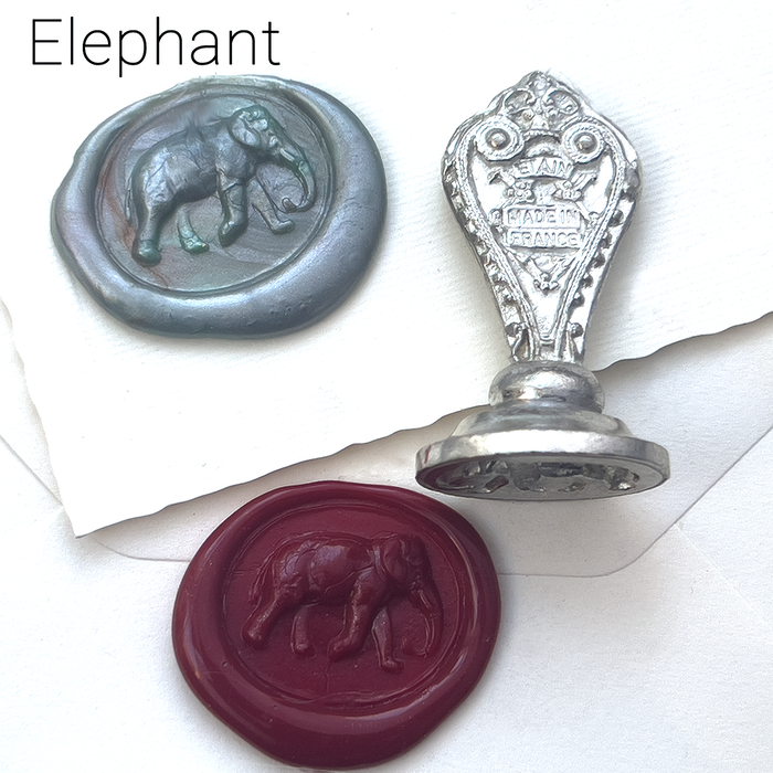 Le Potier D'etain wax seal featuring an elephant design, crafted from metal for sealing letters and decorative purposes.