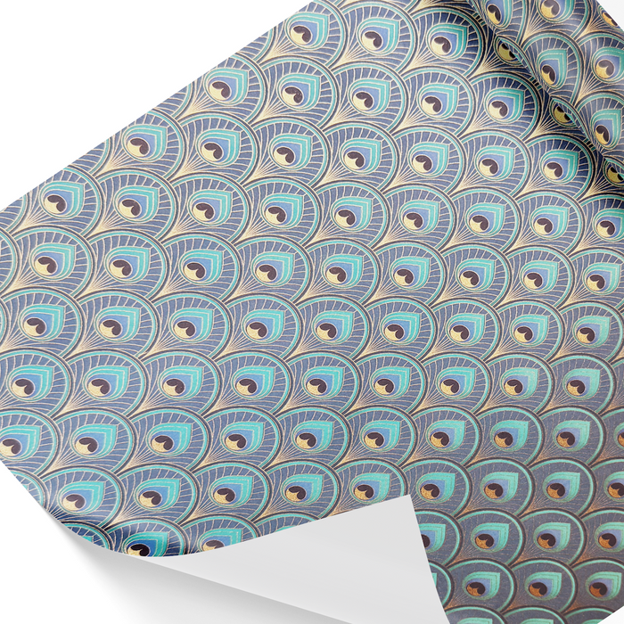 Patterned wrapping paper with peacock feather design on a white background