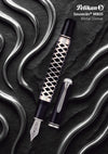 Pelikan Souverän M805 fountain pen with metal sleeve, featuring a sleek design and gold accents on a white background.
