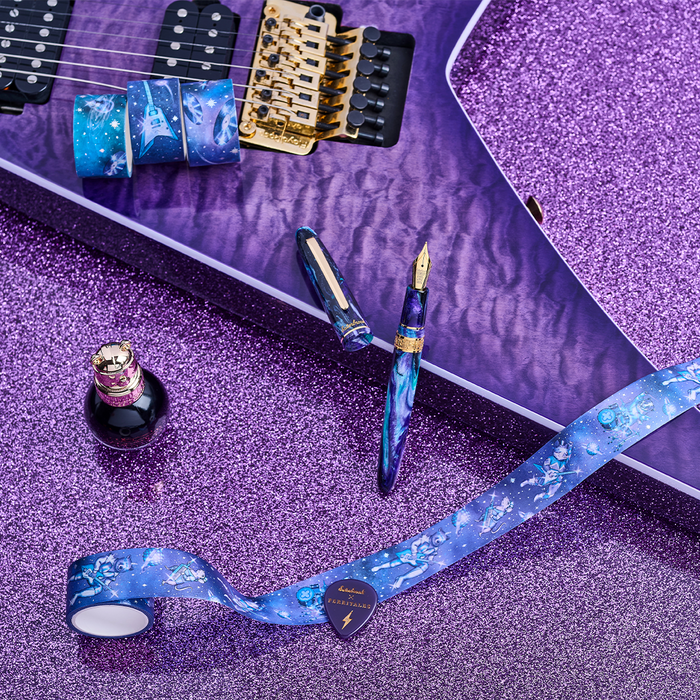Esterbrook The Rockstar Estie fountain pen with a vibrant, colorful design and gold accents, displayed on a white background.