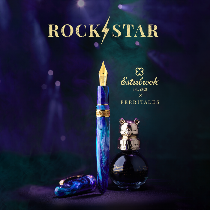 Esterbrook The Rockstar Estie fountain pen with a vibrant, colorful design and gold accents, displayed on a white background.