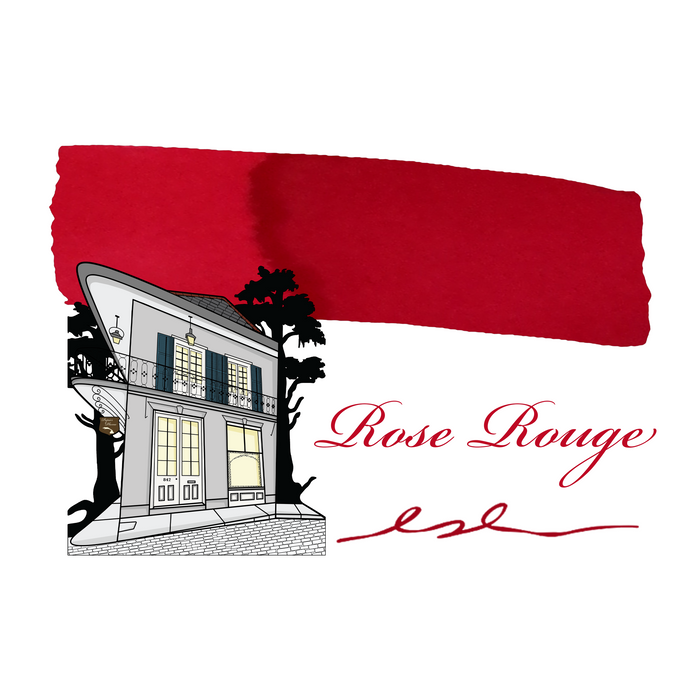Swatch of Papier Plume Rose Rouge fountain pen ink showing vibrant red-pink color and smooth ink flow.