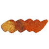 Papier Plume Rusty Rainbow shimmer fountain pen ink bottle with vibrant orange, red, and gold hues in a clear glass container.