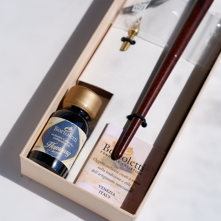 Bortoletti wood and brass dip calligraphy pen set with nibs and ink bottle for elegant writing and artistic lettering.