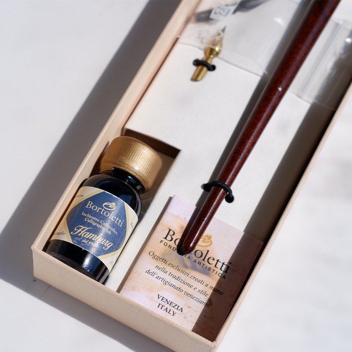 Bortoletti wood and brass dip calligraphy pen set with nibs and ink bottle for elegant writing and artistic lettering.
