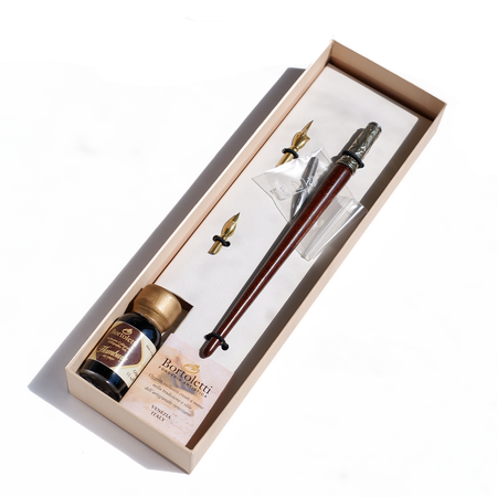 Bortoletti wood and bronze dip calligraphy pen set with nibs and ink for elegant writing and artistic calligraphy.