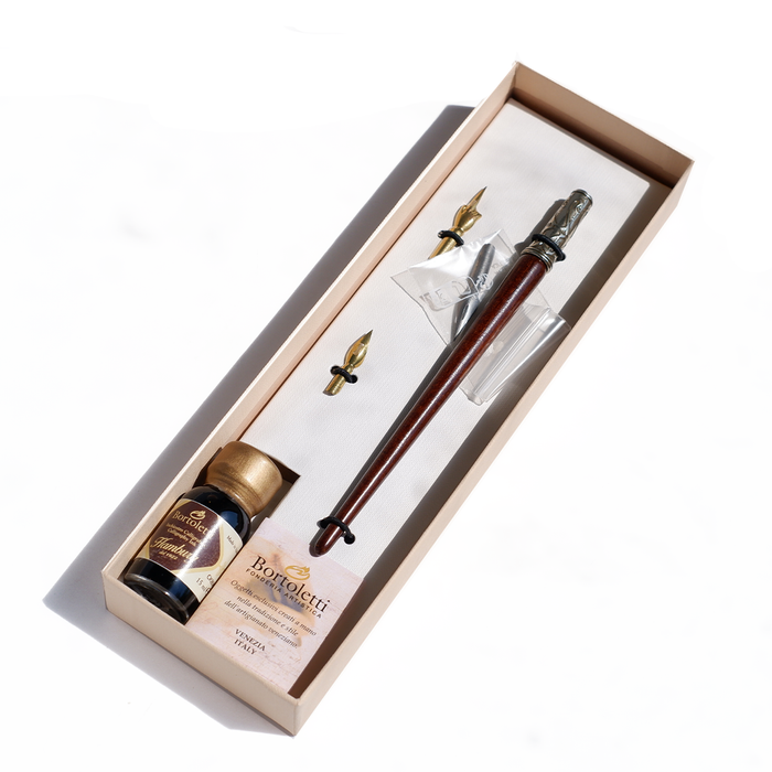 Bortoletti wood and bronze dip calligraphy pen set with nibs and ink for elegant writing and artistic calligraphy.