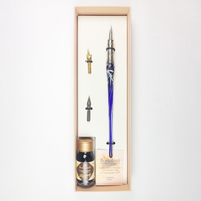 Bortoletti glass dipping pen set with 20 blue pens, elegant and artistic writing tools for calligraphy and drawing.