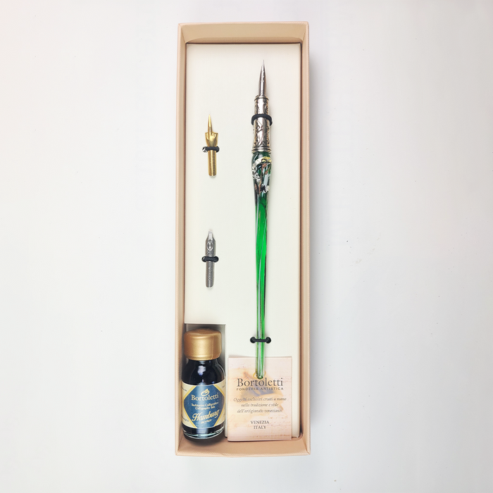 Bortoletti glass dipping pen set with 20 green pens, featuring elegant, colorful glass nibs for artistic calligraphy and drawing.