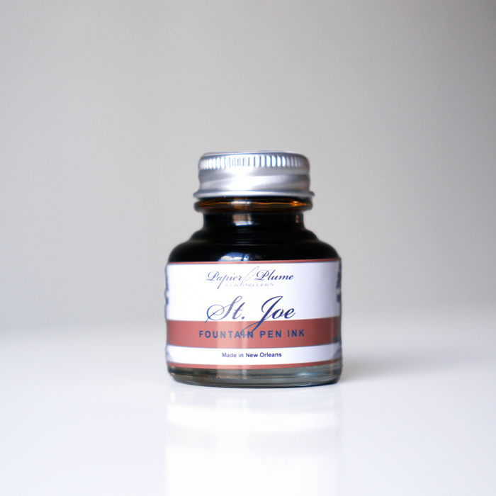 Papier Plume St. Joe fountain pen ink in a 30ml bottle, deep blue ink with a smooth, glossy finish.