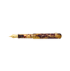 Esterbrook Niblet fountain pen with a tortoise shell-colored barrel and gold accents, open to reveal the nib and ink reservoir.