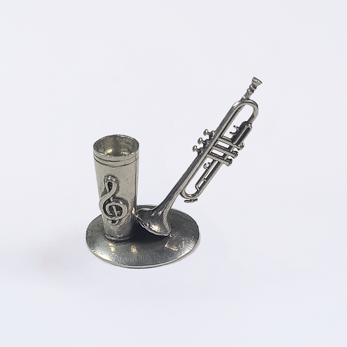 Le Potier D'Étain pewter trumpet-shaped pen rest stand for quill, decorative desk accessory with detailed craftsmanship.