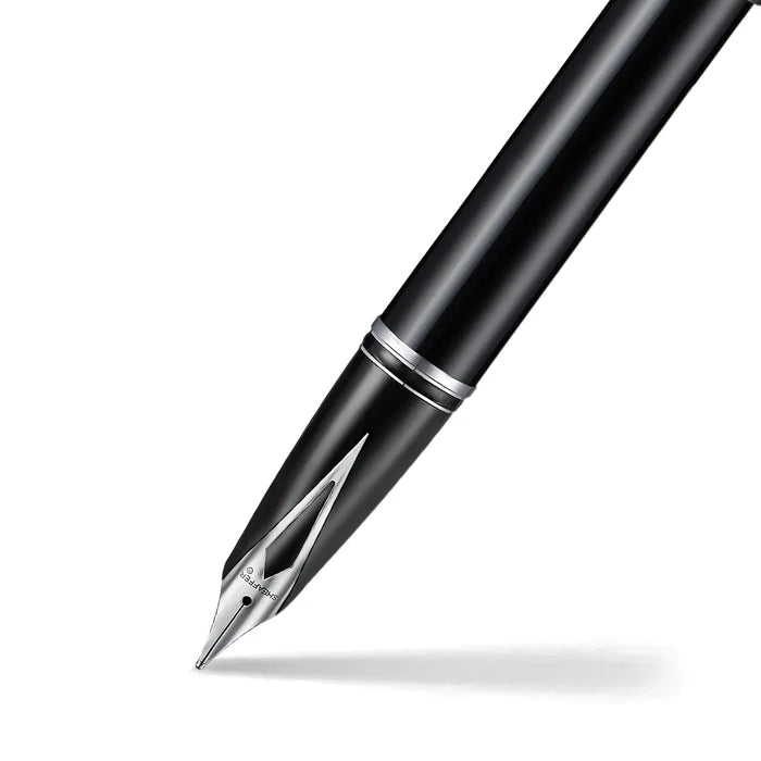 Sheaffer Legacy black fountain pen with gold accents, showcasing a sleek design and smooth nib.