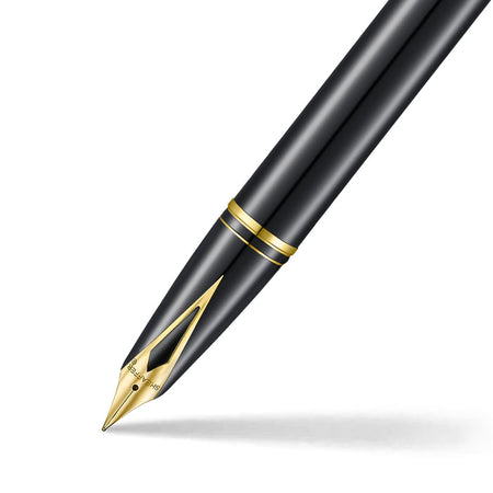 Sheaffer Legacy black fountain pen with chrome cap, elegant writing instrument with a sleek design and polished finish.
