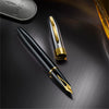 Sheaffer Legacy black fountain pen with chrome cap, featuring a sleek design and elegant detailing.