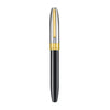 Sheaffer Legacy black fountain pen with chrome cap, elegant writing instrument with sleek design and smooth ink flow.