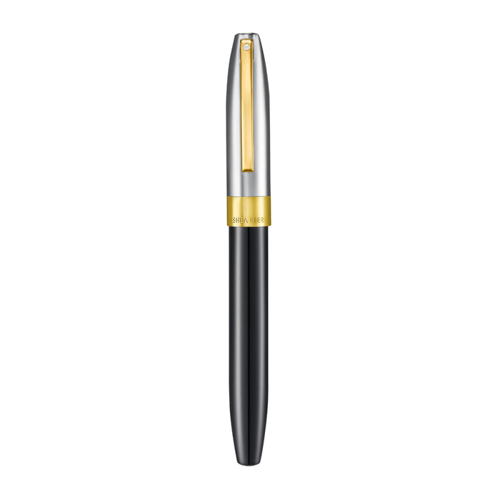 Sheaffer Legacy black fountain pen with chrome cap, elegant writing instrument with sleek design and smooth ink flow.