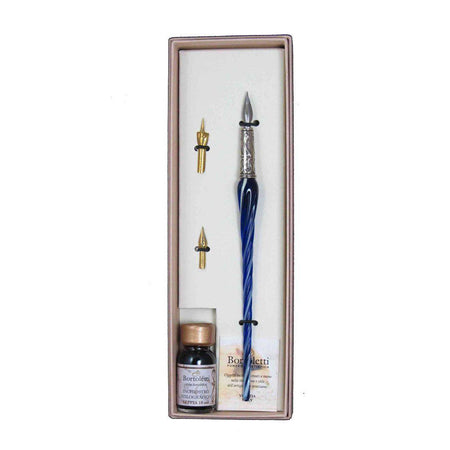 Bortoletti entwined Murano glass dipping pen set with vibrant alexandrite-colored glass tips and decorative design.