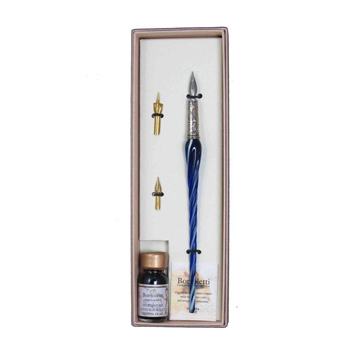 Bortoletti entwined Murano glass dipping pen set with vibrant alexandrite-colored glass tips and decorative design.