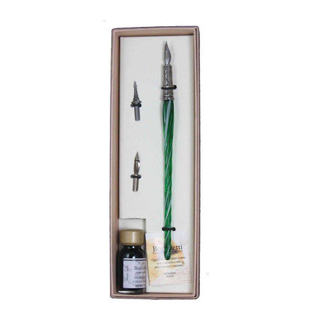 Bortoletti entwined Murano glass dipping pen set featuring elegant, colorful glass pens with intricate designs and fine nibs.