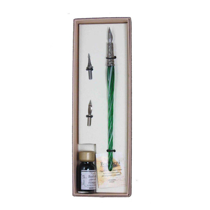 Bortoletti entwined Murano glass dipping pen set featuring elegant, colorful glass pens with intricate designs and fine nibs.