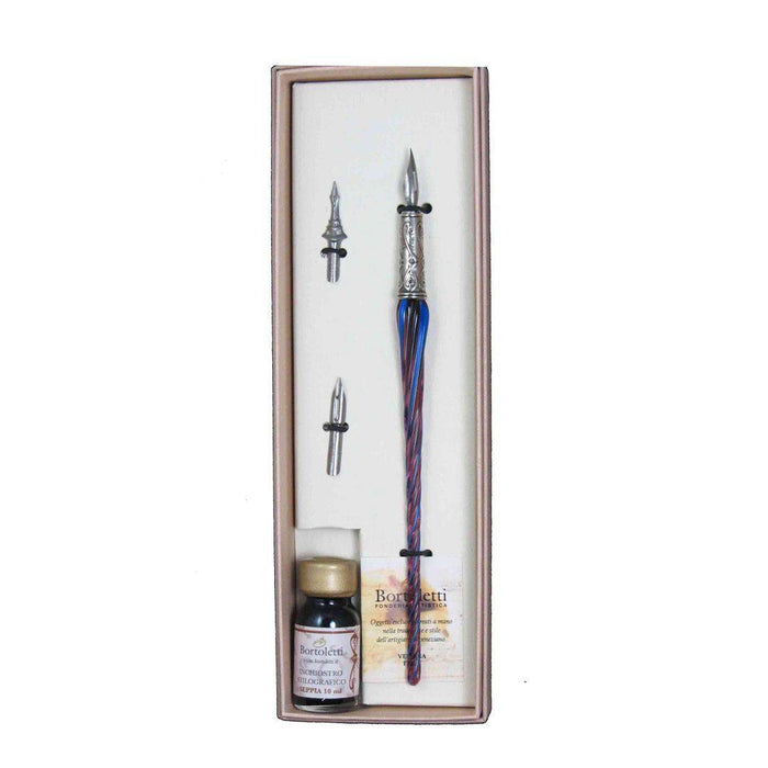 Bortoletti entwined Murano glass dipping pen set featuring elegant, colorful glass pens with intricate design details.
