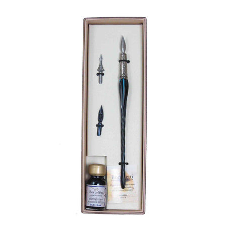 Bortoletti entwined Murano glass dipping pen set with vibrant alexandrite-colored glass tips and elegant handcrafted design.