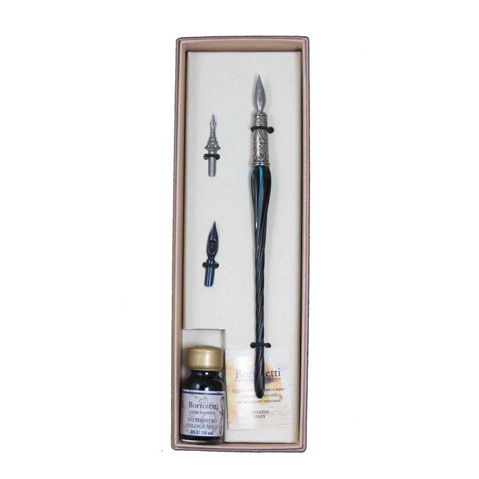 Bortoletti entwined Murano glass dipping pen set with vibrant alexandrite-colored glass tips and elegant handcrafted design.