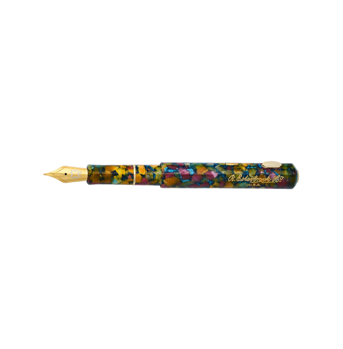 Esterbrook Niblet fountain pen with a floral botanical design, open to reveal the gold nib and elegant detailing.