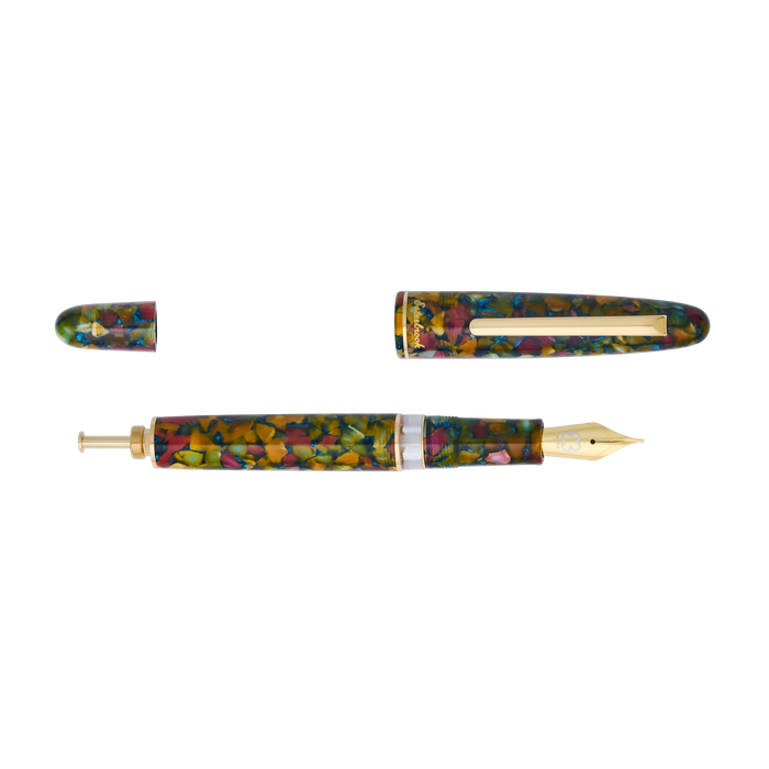 Esterbrook Estie push button fountain pen with botanical open design on the cap, showcasing elegant craftsmanship and vibrant details.