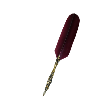 Le Potier D'Etain feather ink quills with bronze flower design on burgundy background, showcasing elegant writing accessories.