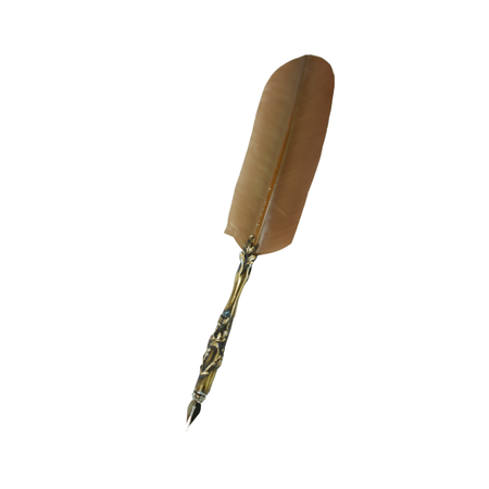 Le Potier D'Etain feather ink quills with bronze flower design, showcasing elegant, handcrafted ink pens with decorative bronze details.