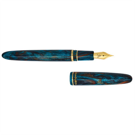 Esterbrook x BUNGUBOX Kingfisher Limited Edition Estie fountain pen with a deep blue and gold design, back view highlighting craftsmanship.