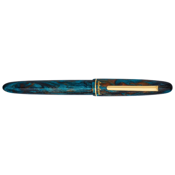 Esterbrook x BUNGUBOX Kingfisher Estie fountain pen with a closed navy blue resin body and gold accents.