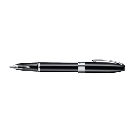 Sheaffer Legacy black fountain pen with gold accents, featuring a sleek design and a smooth ink nib.