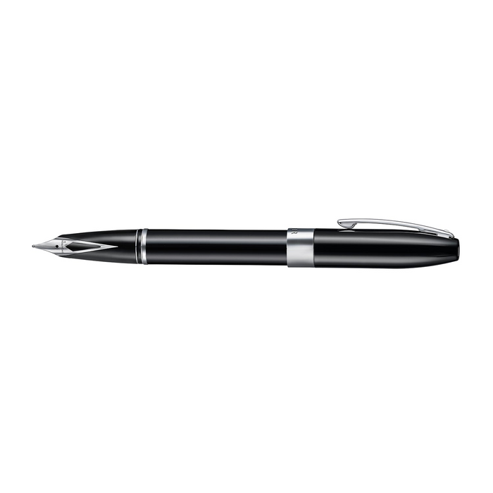 Sheaffer Legacy black fountain pen with gold accents, featuring a sleek design and a smooth ink nib.