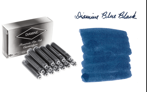 Diamine blue-black fountain pen ink cartridge in international size, designed for smooth ink flow and vibrant writing.