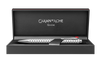 Caran D'Ache Platinum-Coated Ecridor Avenue rollerball pen with detailed close-up of the gold finish and engraved accents.