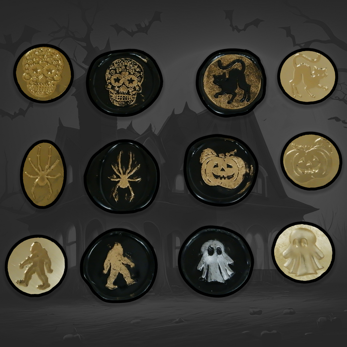 Halloween-themed wax seal from Papier Plume featuring spooky designs, perfect for sealing invitations or decorations.
