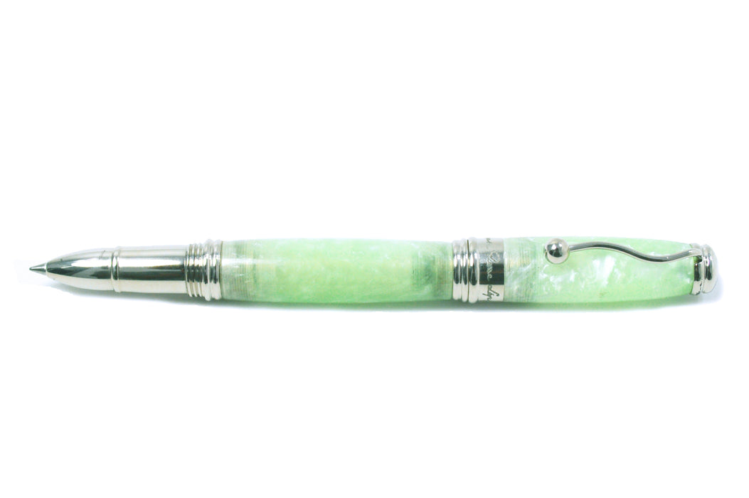 Jean-Pierre Lepine Indigo Classic Murano rollerball pen with green tea-colored barrel, elegant writing instrument.