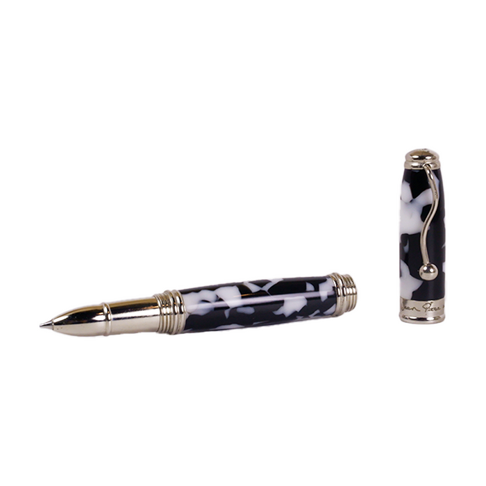 Jean-Pierre Lepine Indigo Classic Murano rollerball pen featuring a black and white design with a sleek, elegant finish.