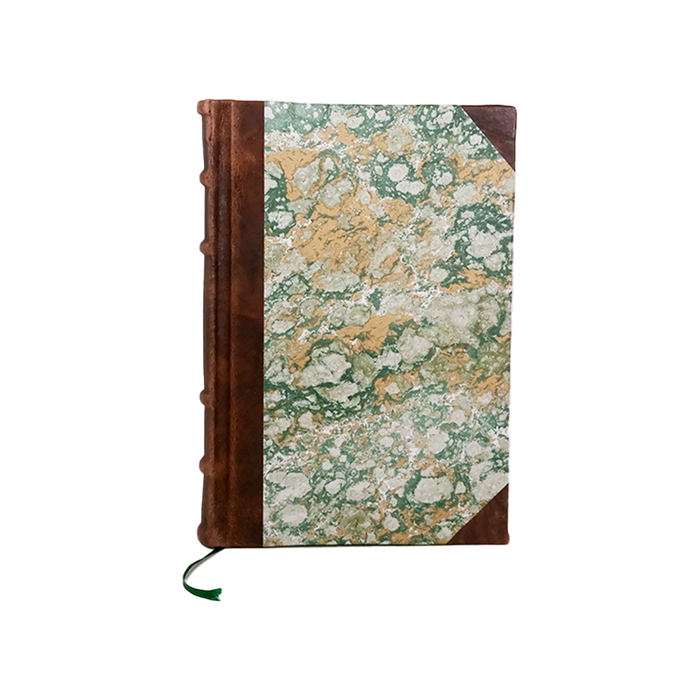 Leather journal with marbled paper pages and old world spine, handcrafted by Il Cartiglio for writing and sketching.