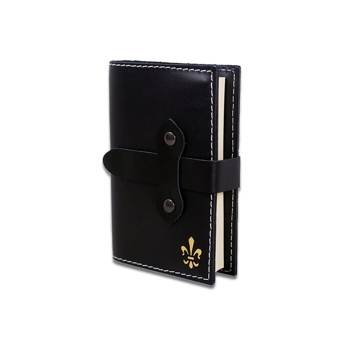 Black Italian leather refillable latch journal with a medium size, designed for daily planning and note-taking.