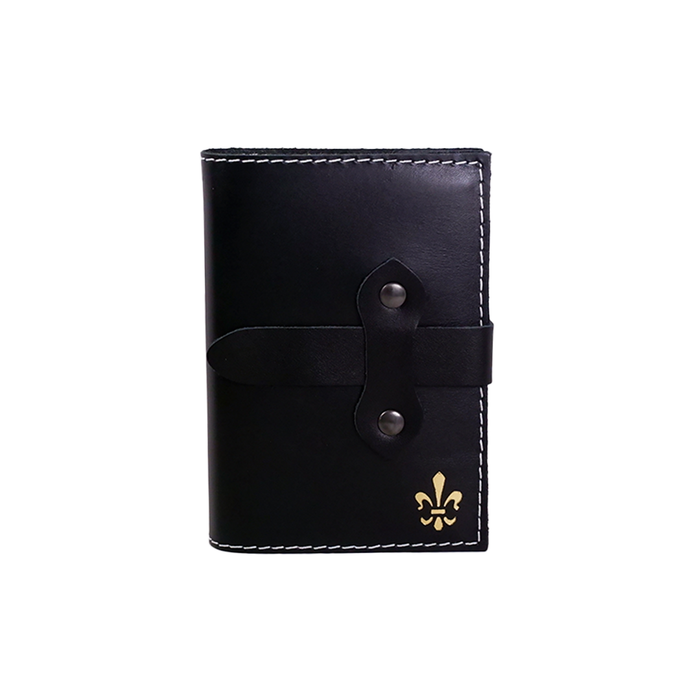 Black Italian leather refillable latch journal with a sleek cover, ideal for daily planning and note-taking in 2025.