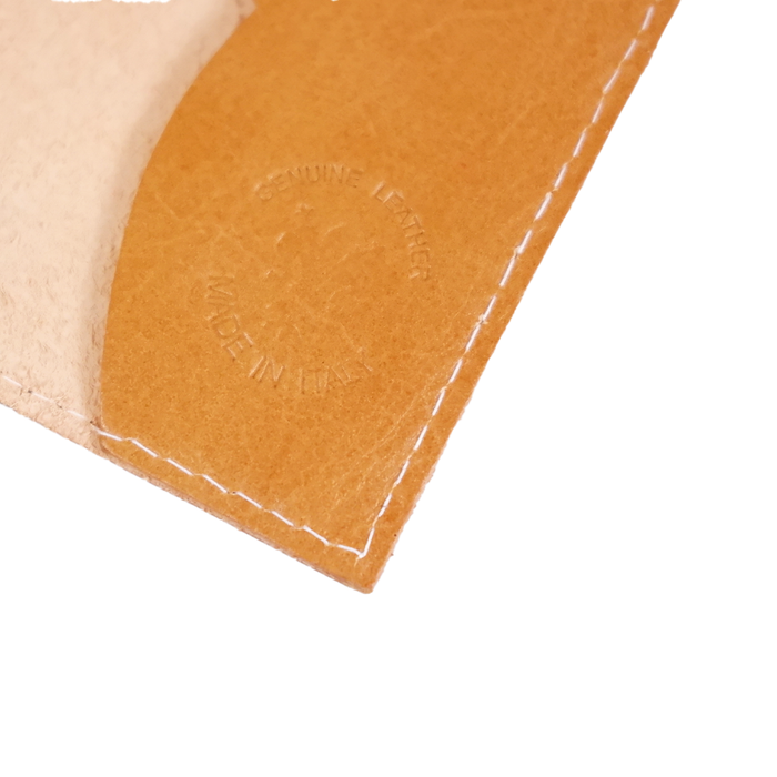 Yellow Italian leather refillable latch daily planner journal with cover open showing pages and binding detail.