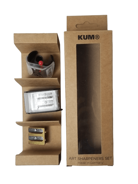 KUM Art Sharpener Set with multiple pencil sharpeners in plastic cases, designed for precise, clean sharpening of pencils.
