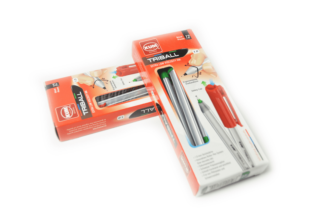 Black KUM Triball pens with refill ink, featuring sleek design and ergonomic grip for smooth writing.