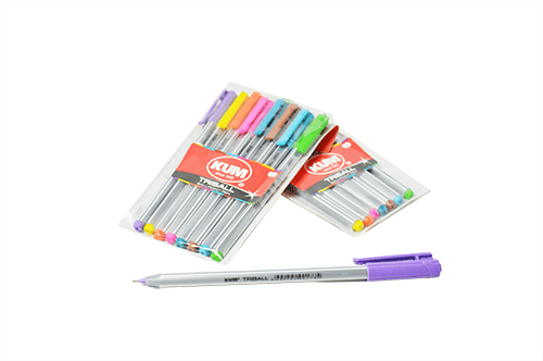 Set of 8 KUM Triball pens with colorful ink barrels, featuring ergonomic design and smooth writing tips.