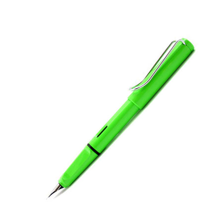 Blue Lamy Safari fountain pen with an extra-fine steel nib, showcasing its sleek design and vibrant color.